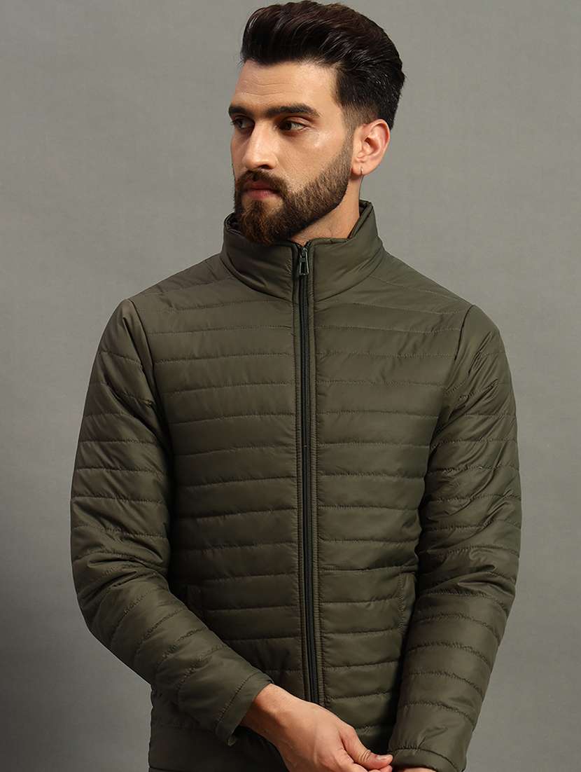 men solid stand collar neck quilted jacket - 21646550 -  Standard Image - 1