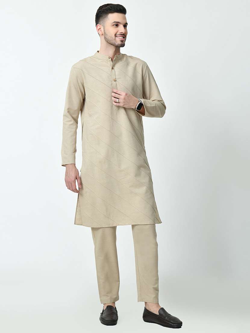 men solid front pleated mandarin neck long kurta - 21646604 -  Standard Image - 1