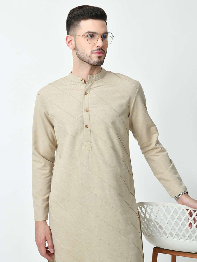 men solid front pleated mandarin neck long kurta - 21646604 -  Standard Image - 4