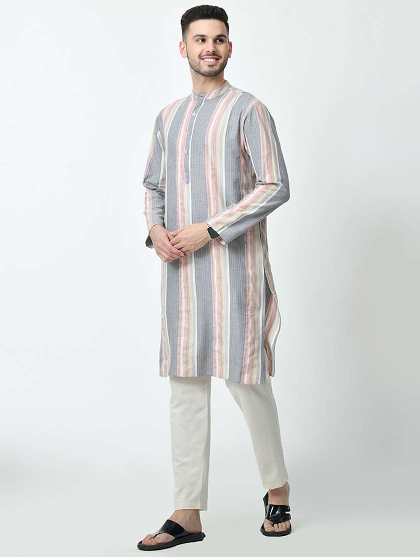 men striped mandarin neck long kurta - 21646606 -  Standard Image - 1