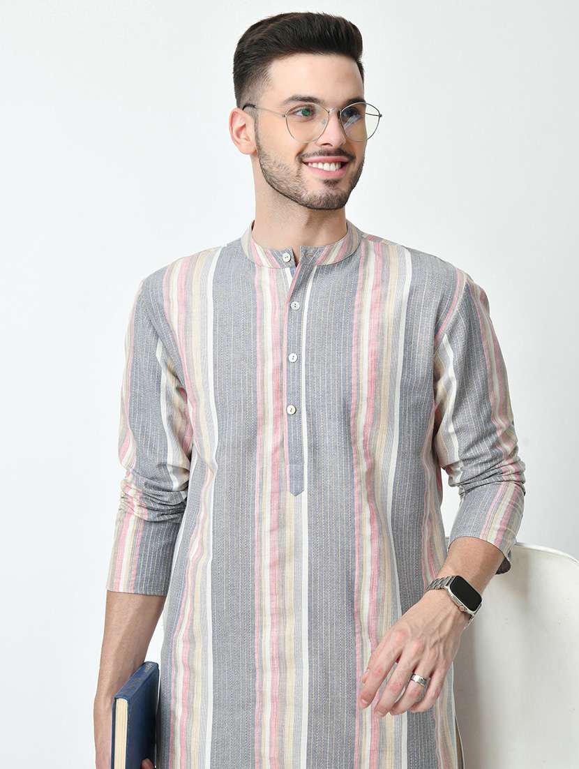 men striped mandarin neck long kurta - 21646606 -  Standard Image - 4