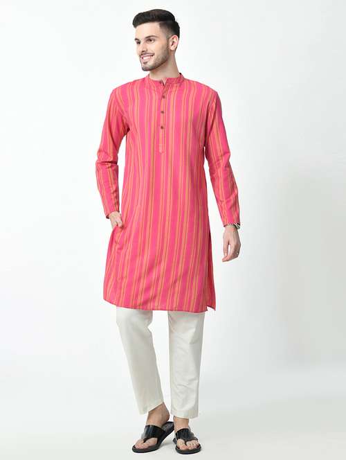 men stripes mandarin neck long kurta - 21646607 - Standard Image - 0