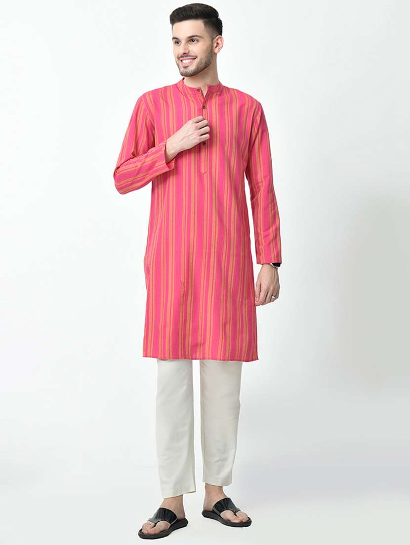 men stripes mandarin neck long kurta - 21646607 -  Standard Image - 1