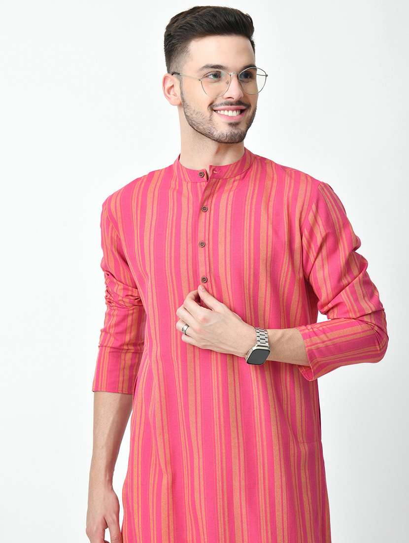 men stripes mandarin neck long kurta - 21646607 - Standard Image - 4
