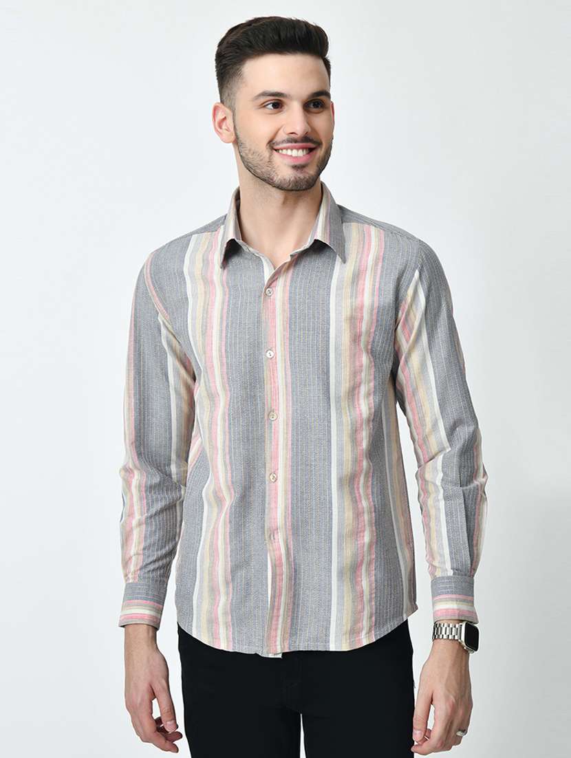 men regular fit striped long sleeve casual shirt