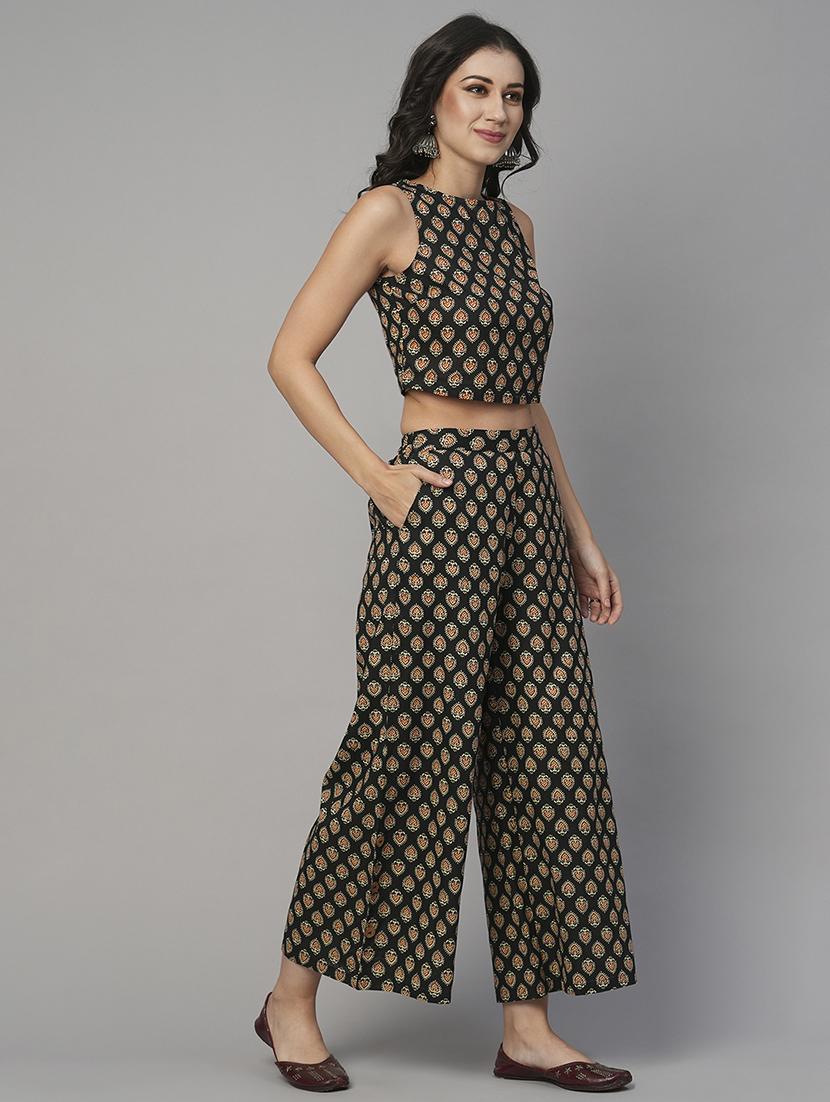 globus women black boat neck ethnic print crop top with partially elasticated mid-rise palazzos fusion co-ord set - 21646832 -  Standard Image - 1