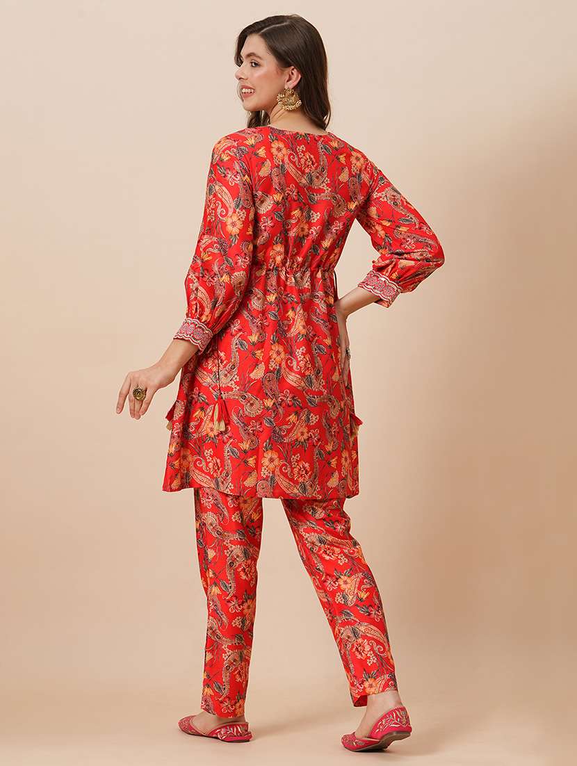 globus women red round neck floral print drawstring detail tunic with fully elasticated mid-rise narrow pants fusion co-ord set - 21646837 -  Standard Image - 1