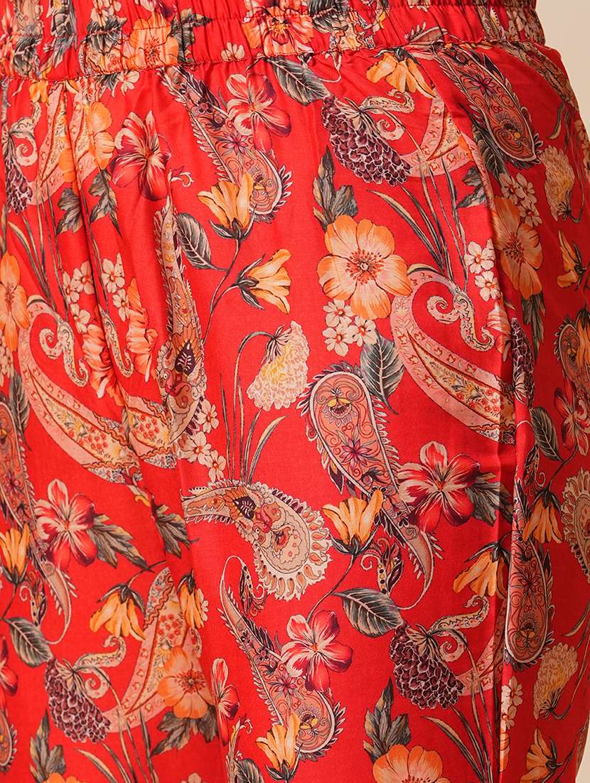 globus women red round neck floral print drawstring detail tunic with fully elasticated mid-rise narrow pants fusion co-ord set - 21646837 - Standard Image - 4