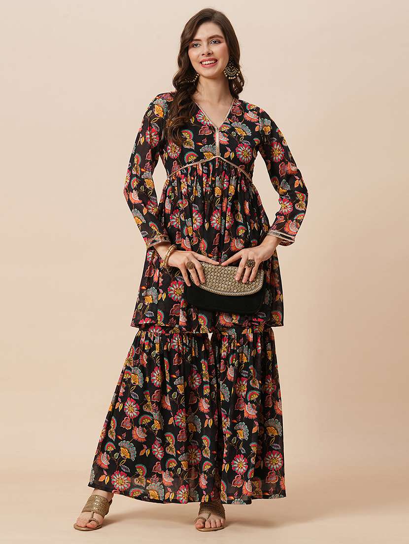 globus women black v-neck floral print georgette a-line alia cut tunic with fully elasticated mid-rise gharara fusion co-ord set