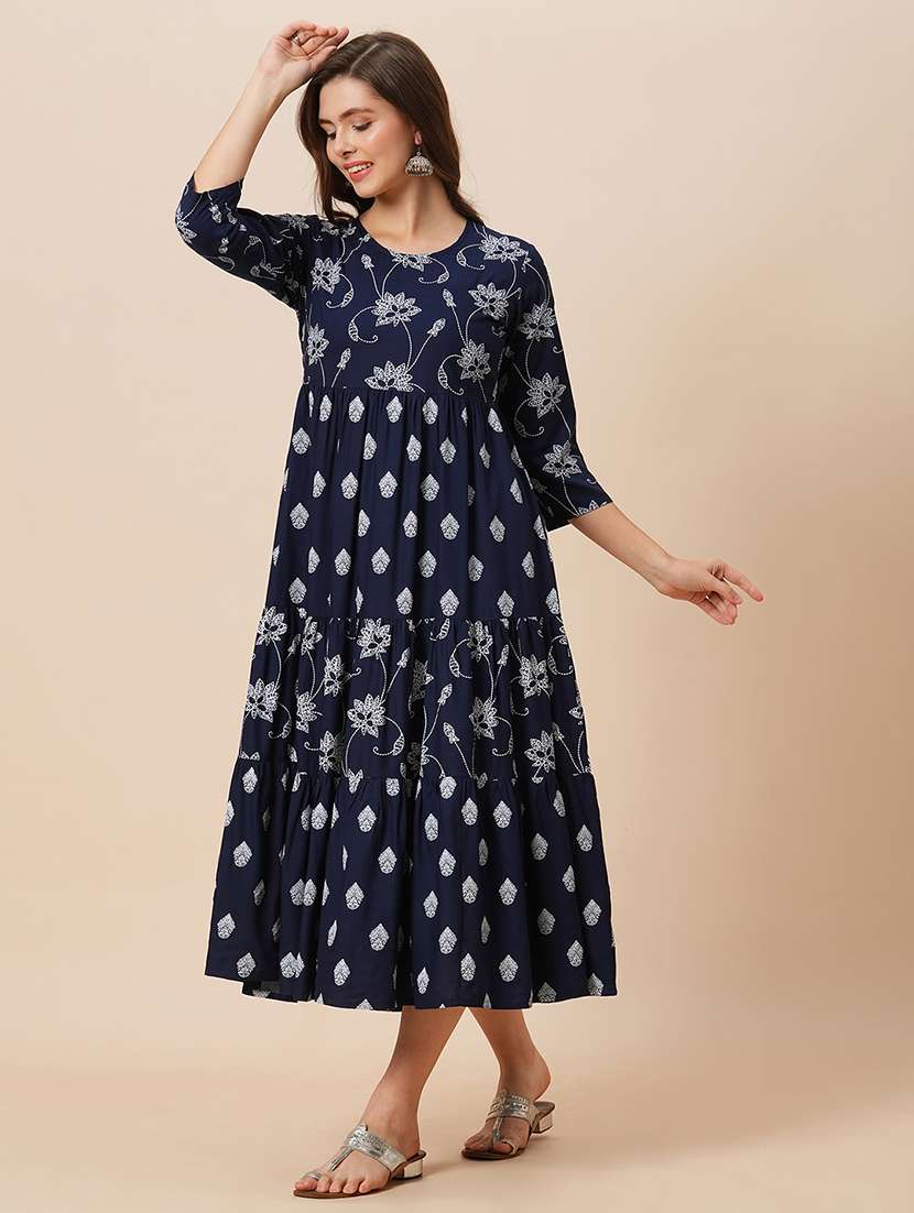 globus women navy blue round neck floral ethnic print gathered tiered a-line midi dress
