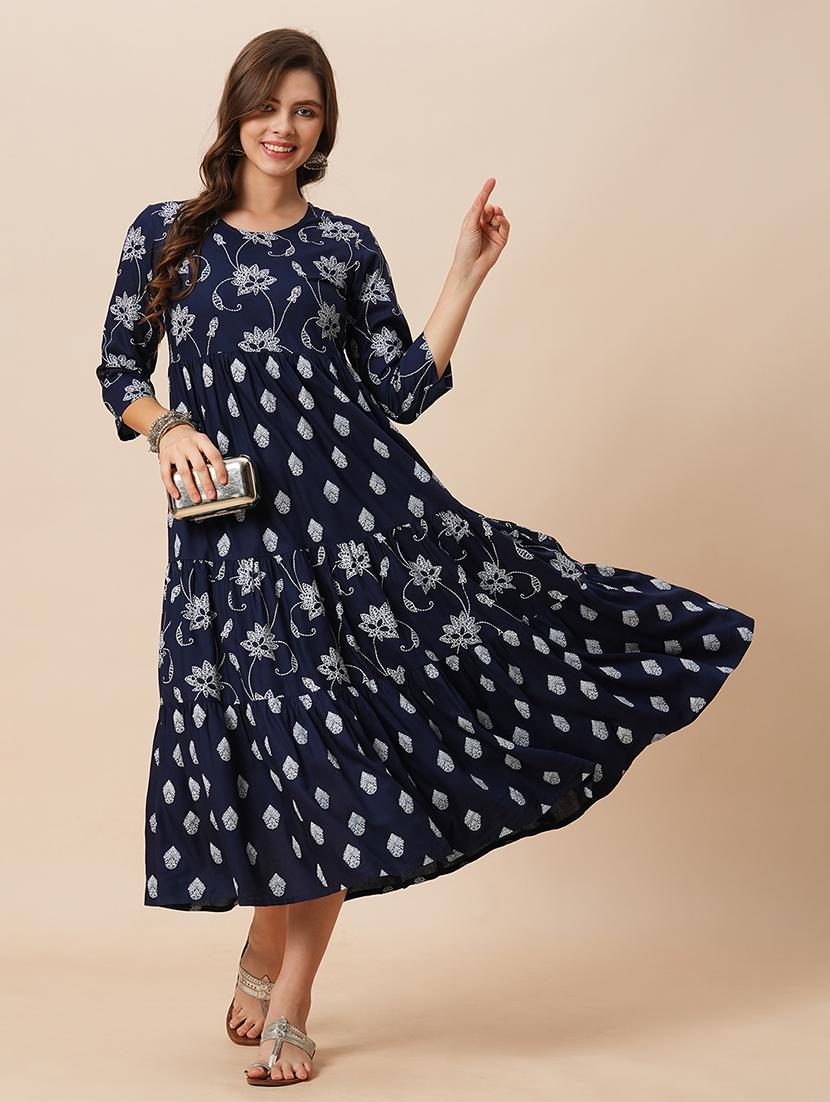 globus women navy blue round neck floral ethnic print gathered tiered a-line midi dress - 21646839 - Standard Image - 1