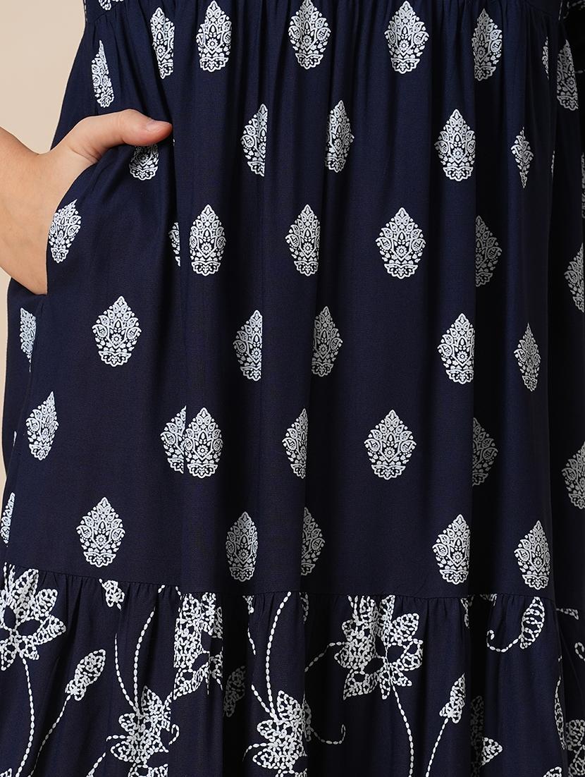 globus women navy blue round neck floral ethnic print gathered tiered a-line midi dress - 21646839 - Standard Image - 4