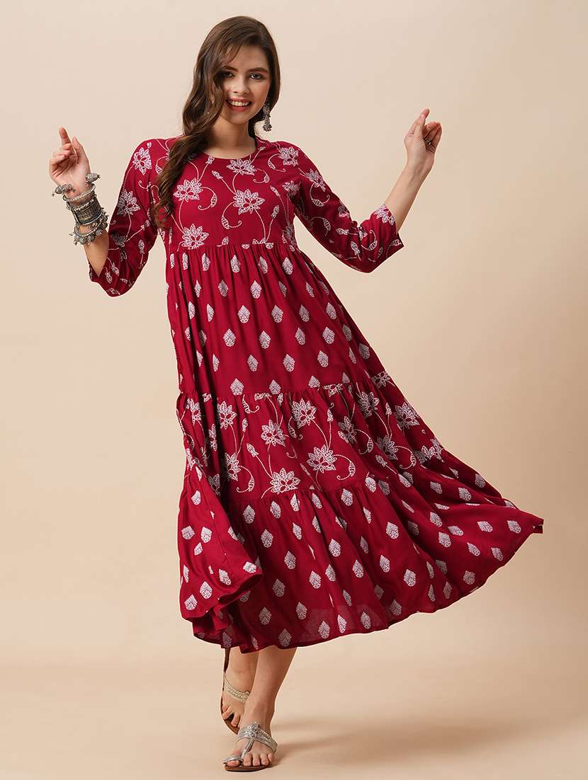 globus women maroon round neck floral ethnic print gathered tiered a-line midi dress - 21646840 -  Standard Image - 1