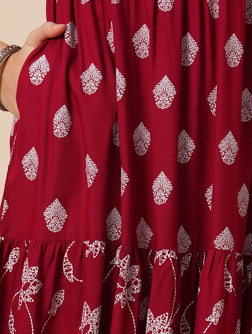 globus women maroon round neck floral ethnic print gathered tiered a-line midi dress - 21646840 -  Standard Image - 4