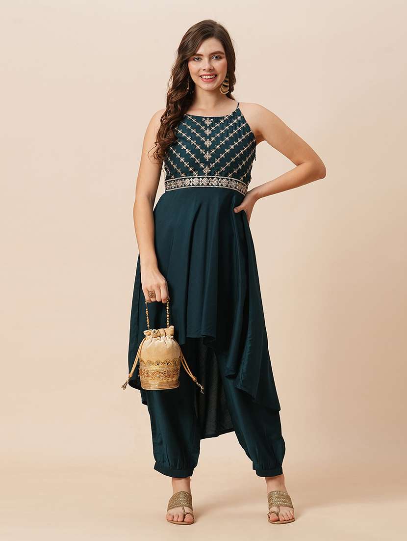 globus women teal embroidered round halter neck high-low hem a-line kurta with fully elasticated afghani pants festive set