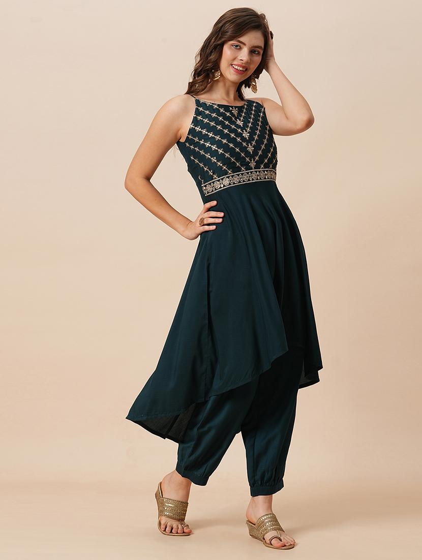 globus women teal embroidered round halter neck high-low hem a-line kurta with fully elasticated afghani pants festive set - 21646843 -  Standard Image - 1