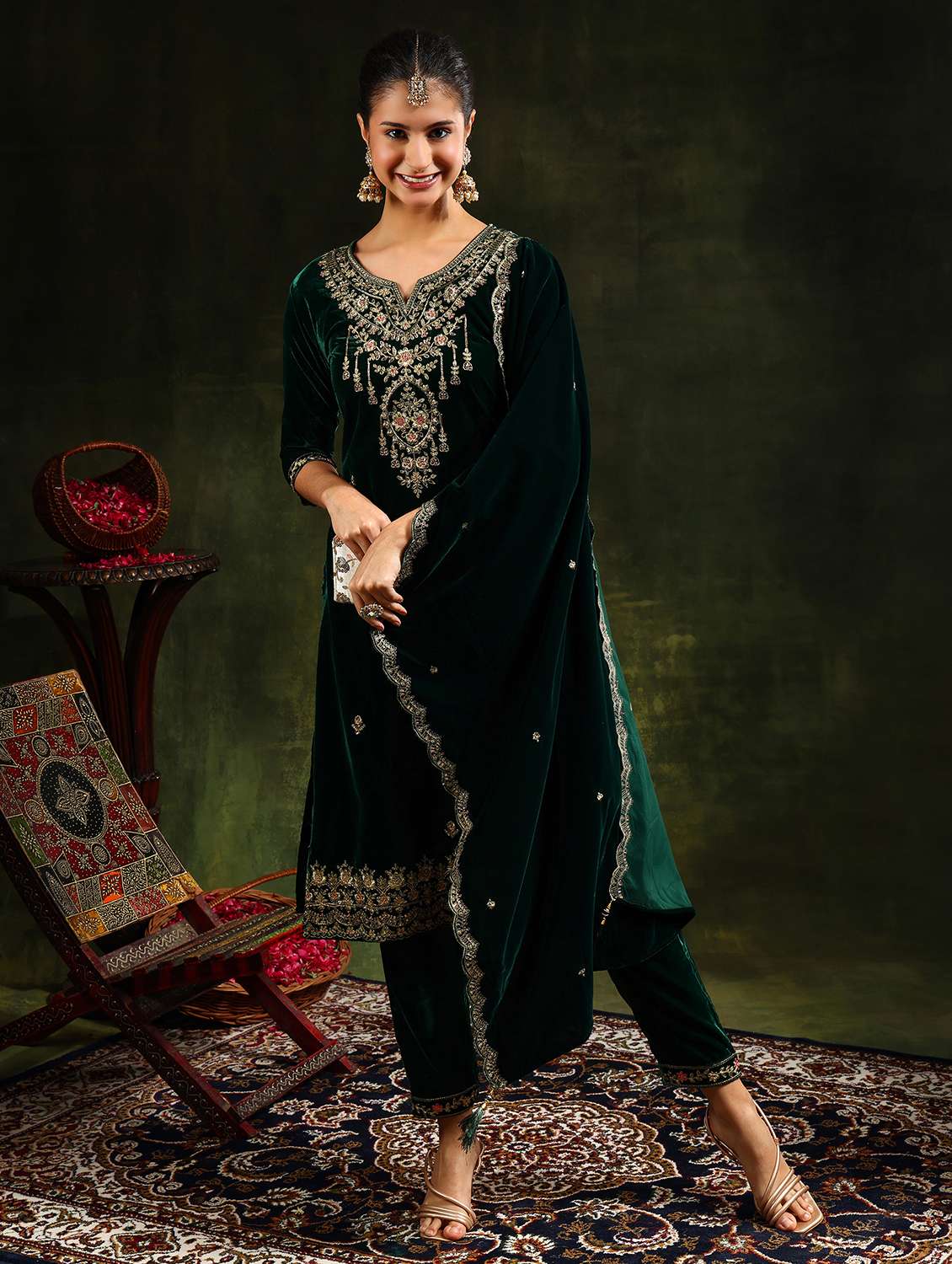 women embroidered three quarter sleeve suit set