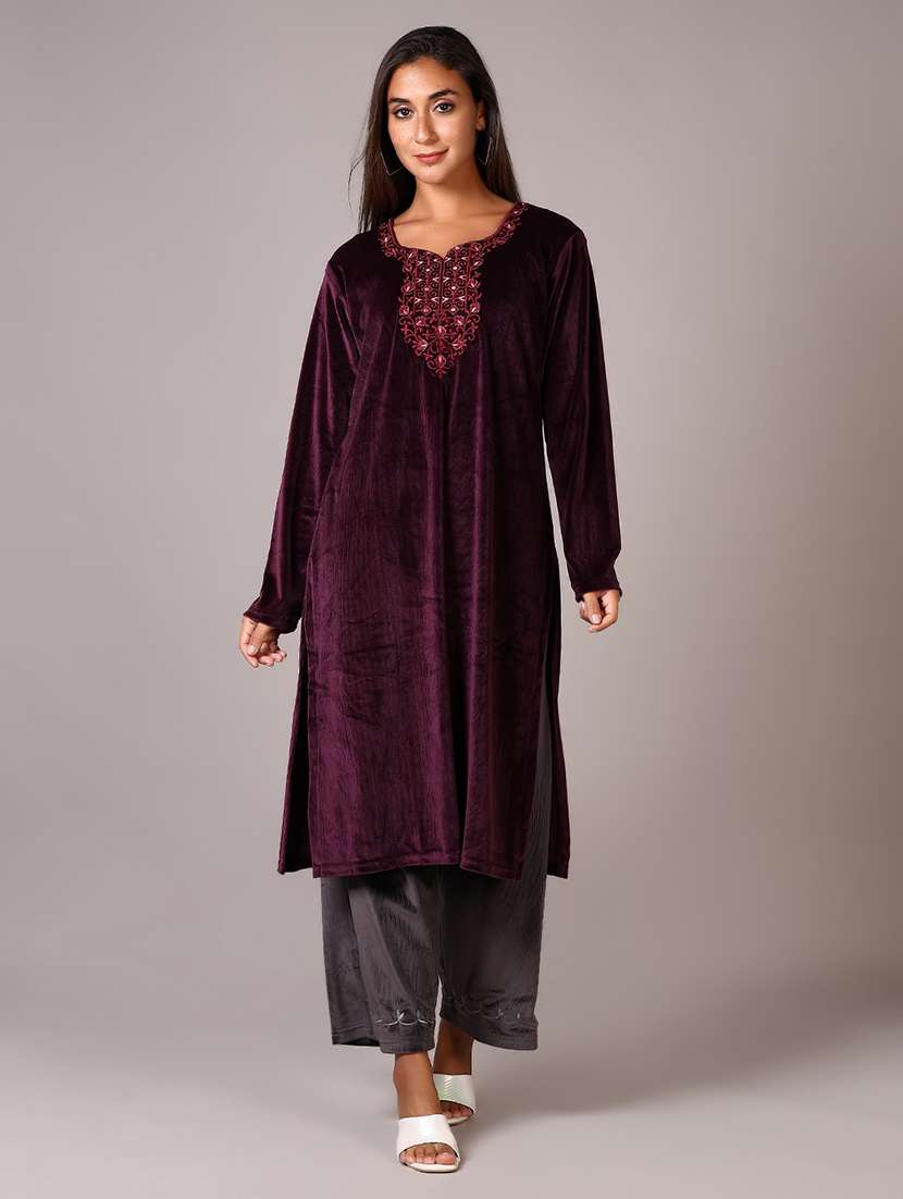 women purple embroidered kurta palazzo set 