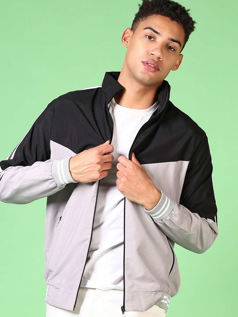 men grey color block print bomber jacket - 21647069 -  Standard Image - 1