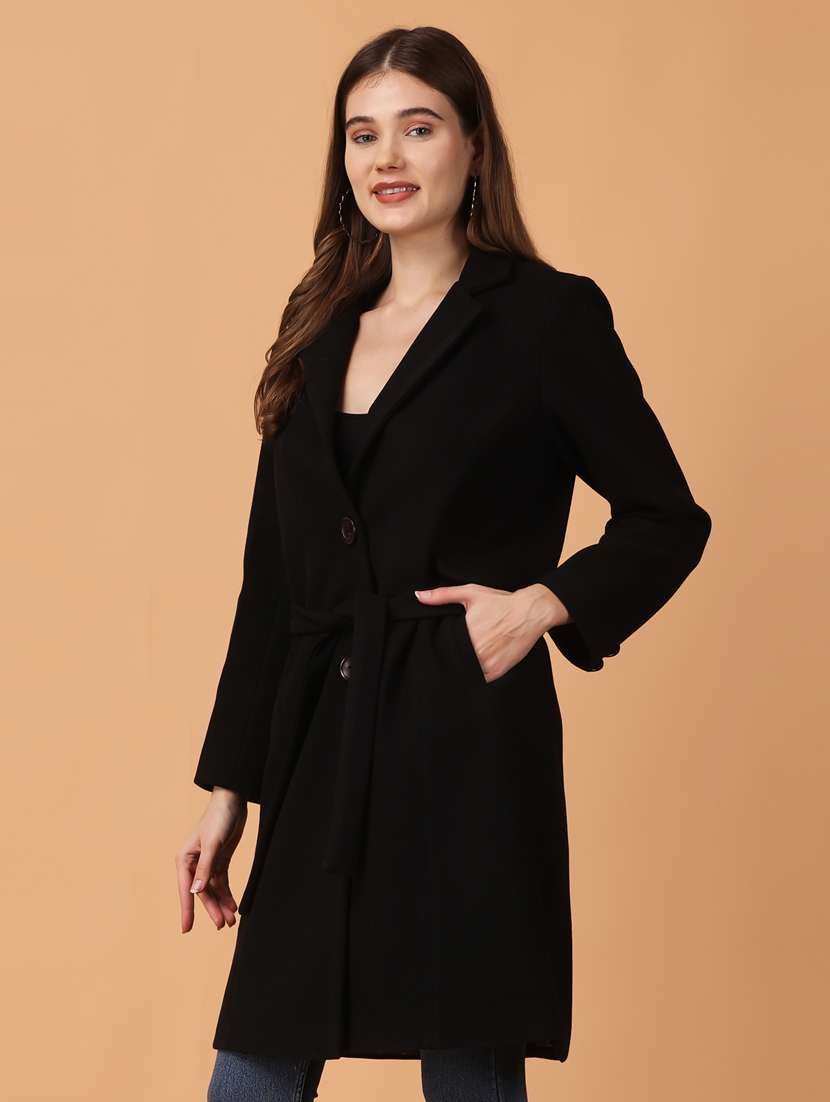 women lapel neck solid trench coat - 21647158 - Standard Image - 1