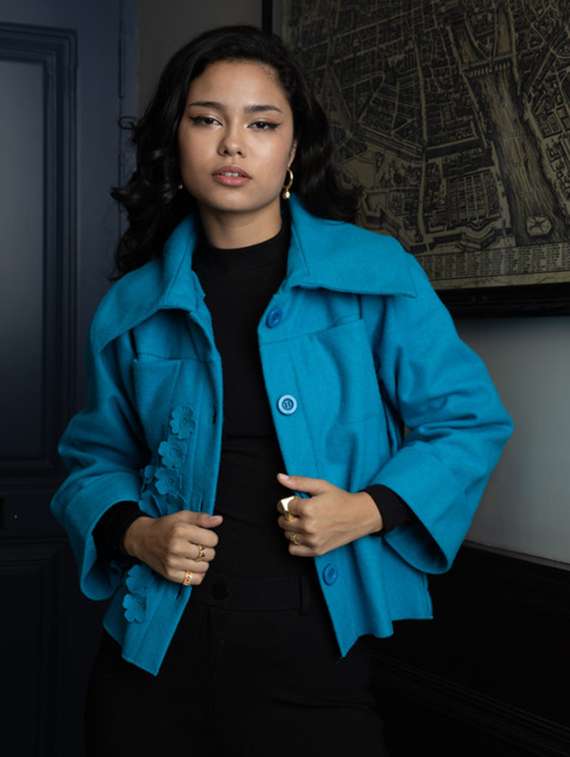 women turquoise long sleeve regular jacket