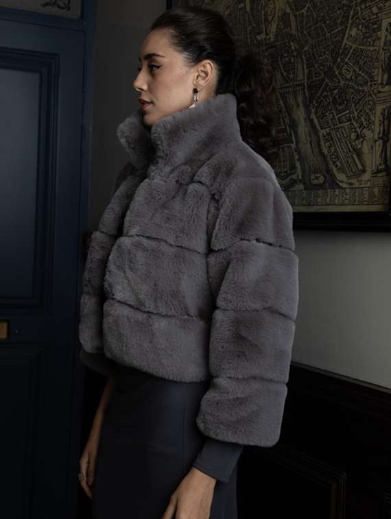 women grey solid fur jacket