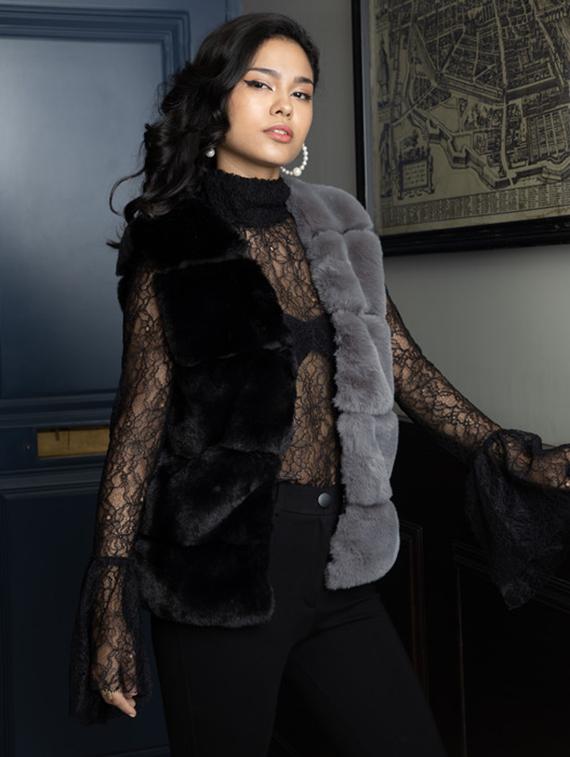 women grey color block fur jacket - 21647259 -  Standard Image - 1