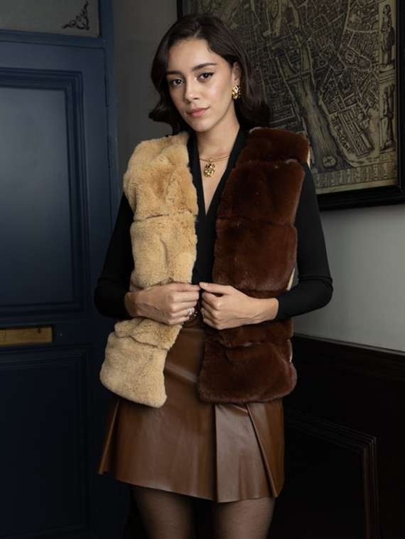 women beige color block fur jacket - 21647261 - Zoom Image - 0
