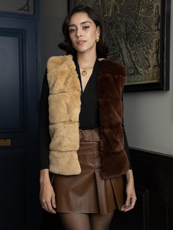 women beige color block fur jacket - 21647261 - Standard Image - 1
