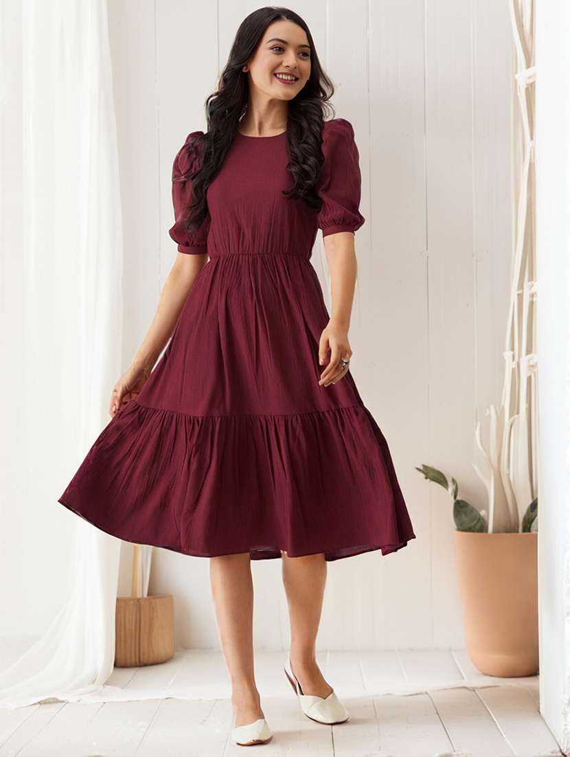 women round neck solid tiered dress