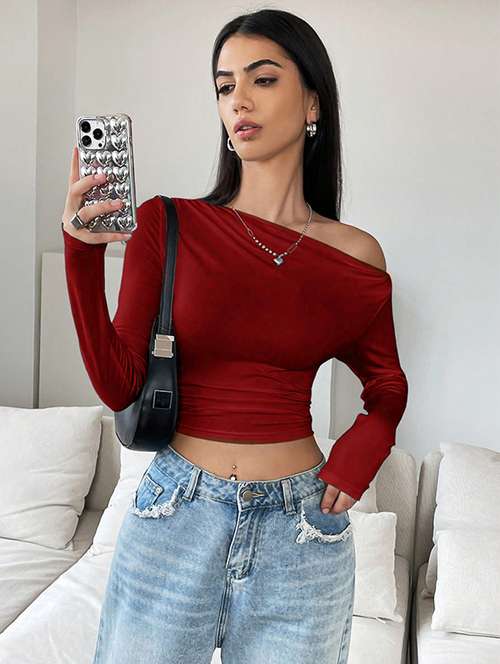 women solid long sleeves crop top - 21647282 - Standard Image - 0