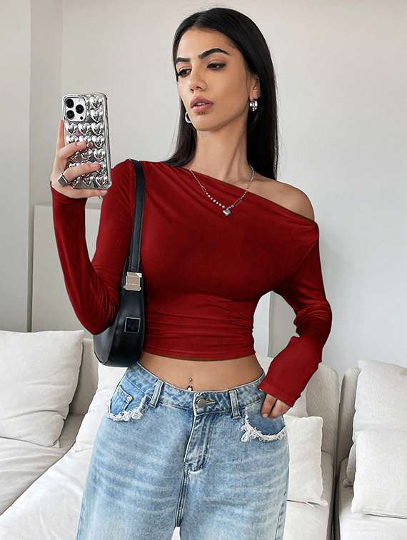 women solid long sleeves crop top