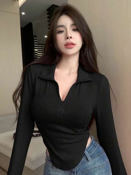 women black solid rib knit asymmetric top - 21647285 - Standard Image - 0