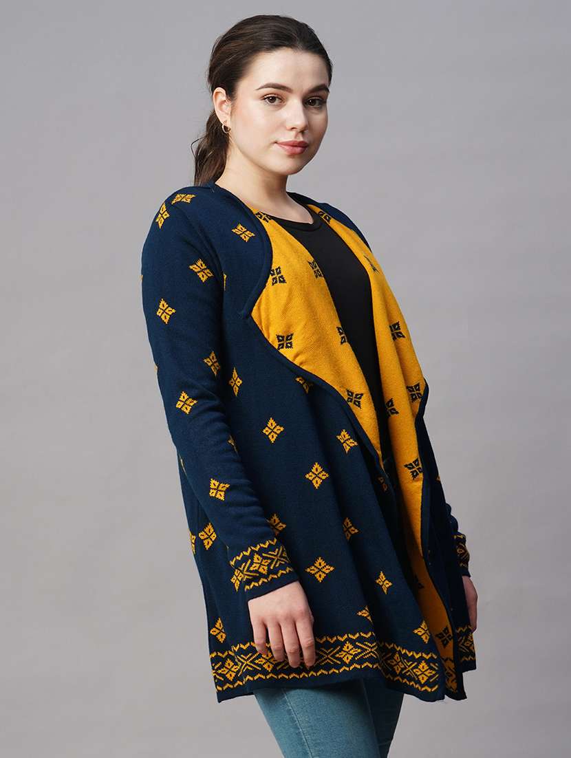 globus women blue lapel collar ethnic motifs self design acrylic hip length winter shrug - 21647404 -  Standard Image - 1