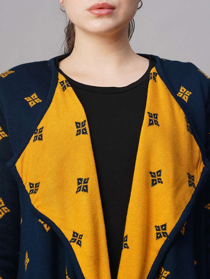 globus women blue lapel collar ethnic motifs self design acrylic hip length winter shrug - 21647404 -  Standard Image - 4