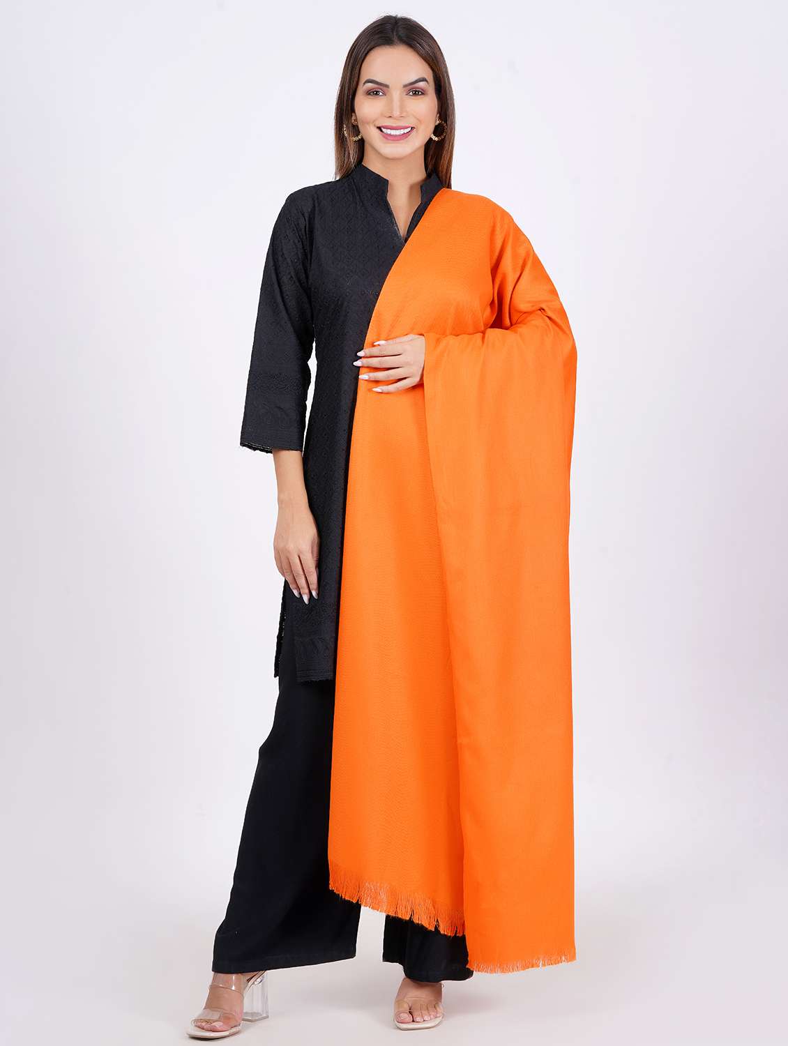 women elegant solid shawls with fringed edges