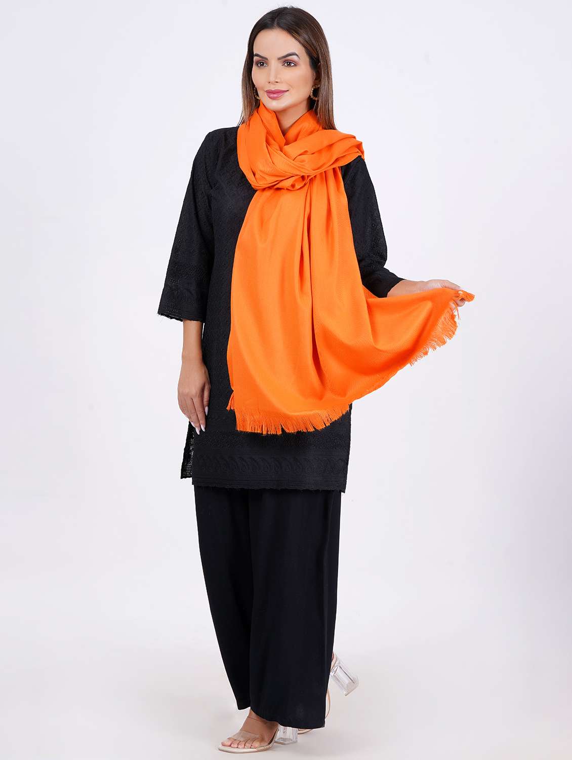 women elegant solid shawls with fringed edges - 21647986 -  Standard Image - 1
