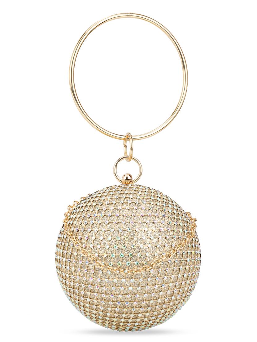 gold women hand-held bag embellished bangle handle small circle party with detachable chain strap - 21648252 -  Zoom Image - 0