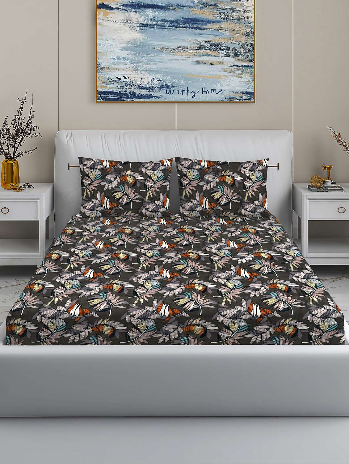 quirky home fantasy collection premium cotton blend 180 tc flat double wrinklefree bedsheet with 2 pillow covers, black floral