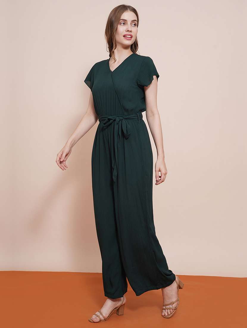 globus women green wrap neck cap sleeves waist tie-up wide-leg jumpsuit - 21648279 -  Standard Image - 1