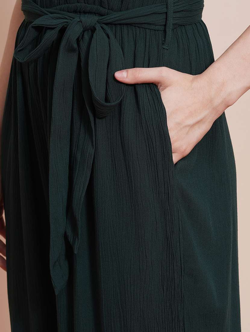 globus women green wrap neck cap sleeves waist tie-up wide-leg jumpsuit - 21648279 -  Standard Image - 4