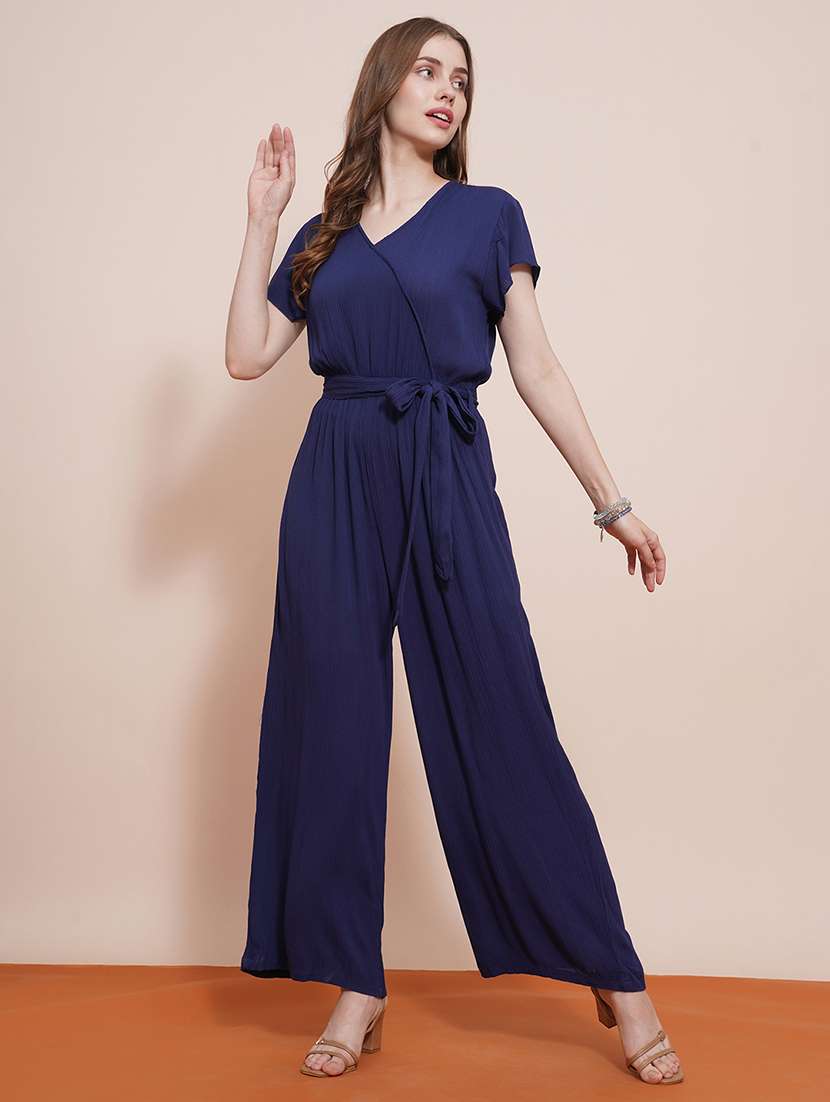 globus women navy blue wrap neck cap sleeves waist tie-up wide-leg jumpsuit