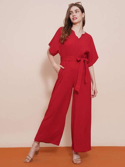 globus women red v-neck kimono sleeves waist tie-up wide-leg jumpsuit - 21648281 - Standard Image - 0