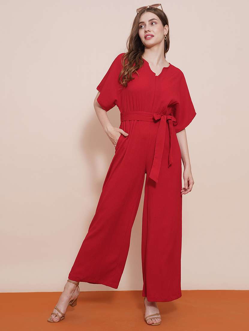 globus women red v-neck kimono sleeves waist tie-up wide-leg jumpsuit - 21648281 - Zoom Image - 0
