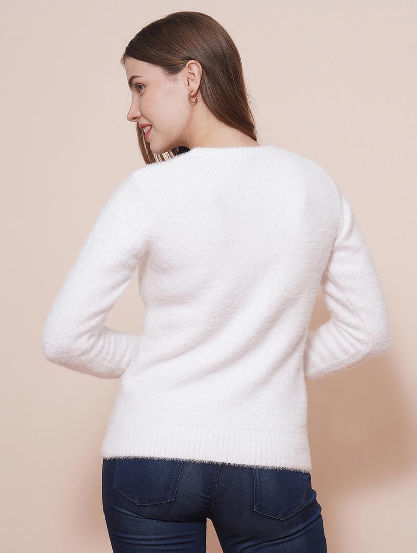 globus women white v-neck full sleeves faux fur knitted ribbed hem pullover sweater - 21648282 - Standard Image - 1