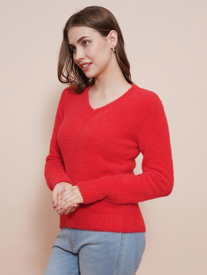 globus women red v-neck full sleeves faux fur knitted ribbed hem pullover sweater - 21648283 - Zoom Image - 0