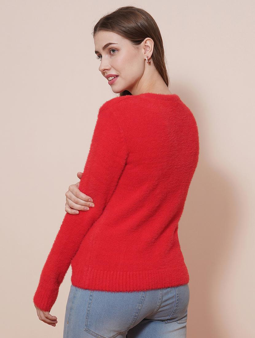 globus women red v-neck full sleeves faux fur knitted ribbed hem pullover sweater - 21648283 -  Standard Image - 1