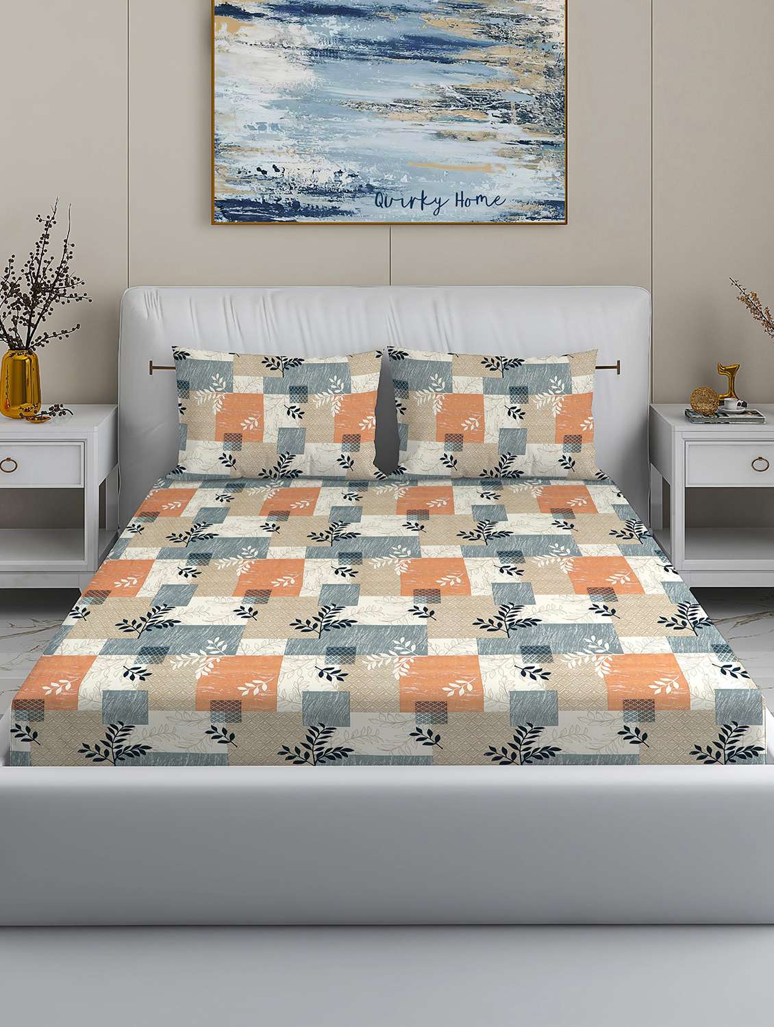 quirky home fantasy collection cotton blend 180 tc flat double wrinklefree bedsheet with 2 pillow covers, multi square
