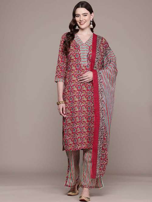 women three quarter sleeve kurta pant with dupatta set - 21648640 -  Standard Image - 0