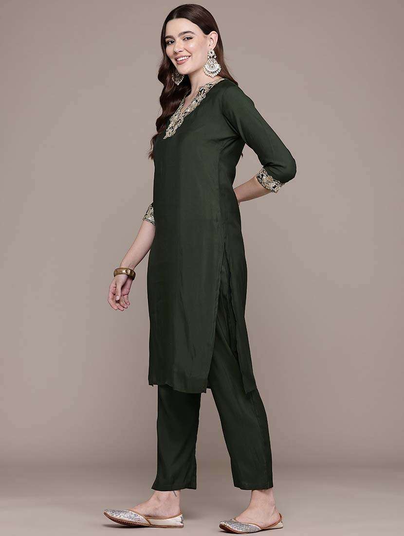 women three quarter sleeve kurta pant set - 21648657 - Standard Image - 1